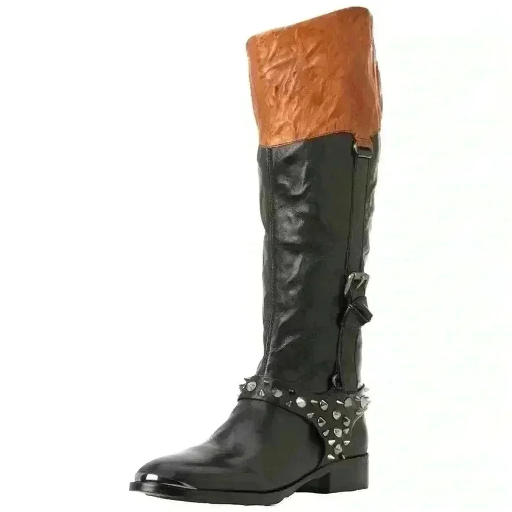 SAM EDELMAN tall leather spiked moto riding boots - black + tan - women 7 medium - Picture 1 of 16